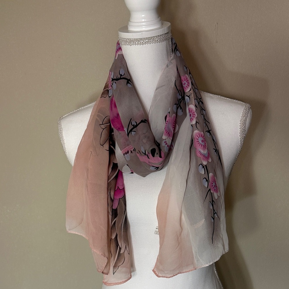 Chic Floral Pink and Brown Scarf - Picture 2 of 9